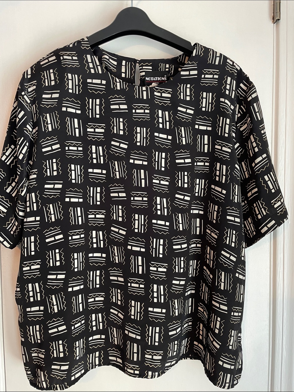 Vintage Notations Black & White Graphic Pattern Short Sleeve Blouse